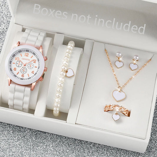 6PCS/set Women's Watch Fashion Silicone Strap Quartz Watch Pearl Heart Shape Jewelry Set (Without Box)