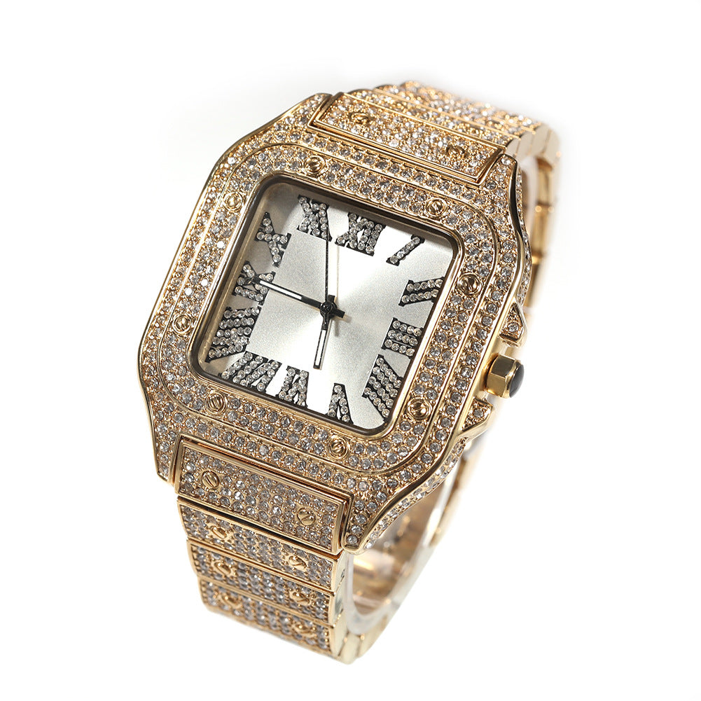 European and American hip-hop Roman scale quartz watch Fashion full diamond square dial men's watch cross-border supply