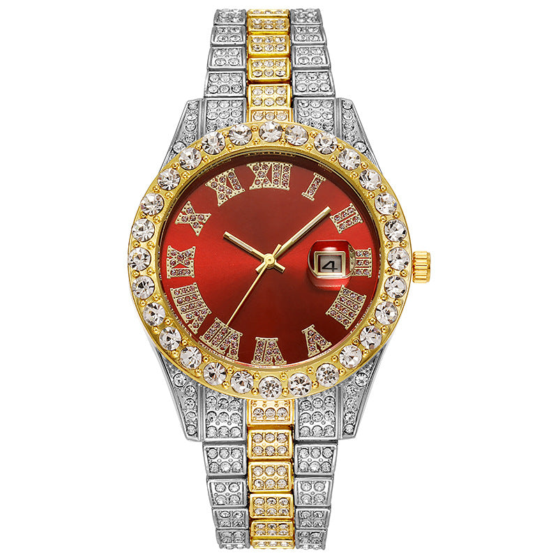 Hiphop watch European and American hot style men's steel belt hip-hop Roman scale diamond calendar men's quartz watch