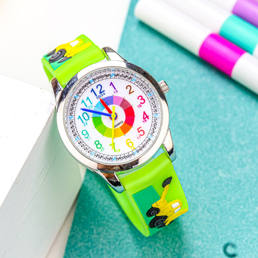 Cute elementary school student excavator watch children's fashion color circle children's waterproof quartz watch 24-hour system girl watch