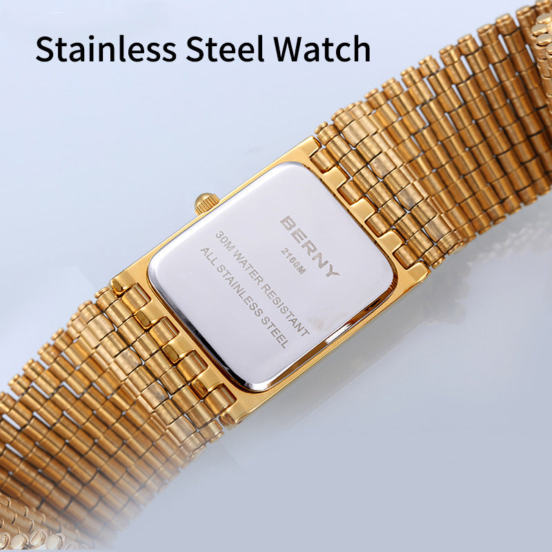 Bernie brand hot selling ultra-thin gold quartz watch rectangular men's watch stainless steel band waterproof women's watch