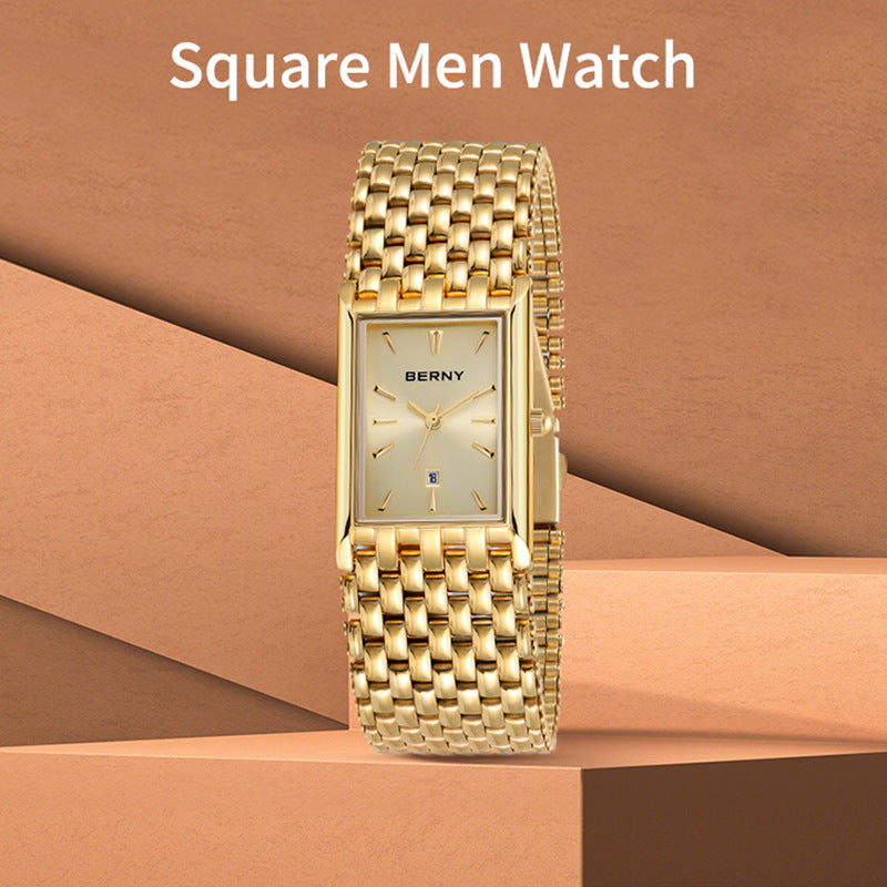 Bernie brand hot selling ultra-thin gold quartz watch rectangular men's watch stainless steel band waterproof women's watch