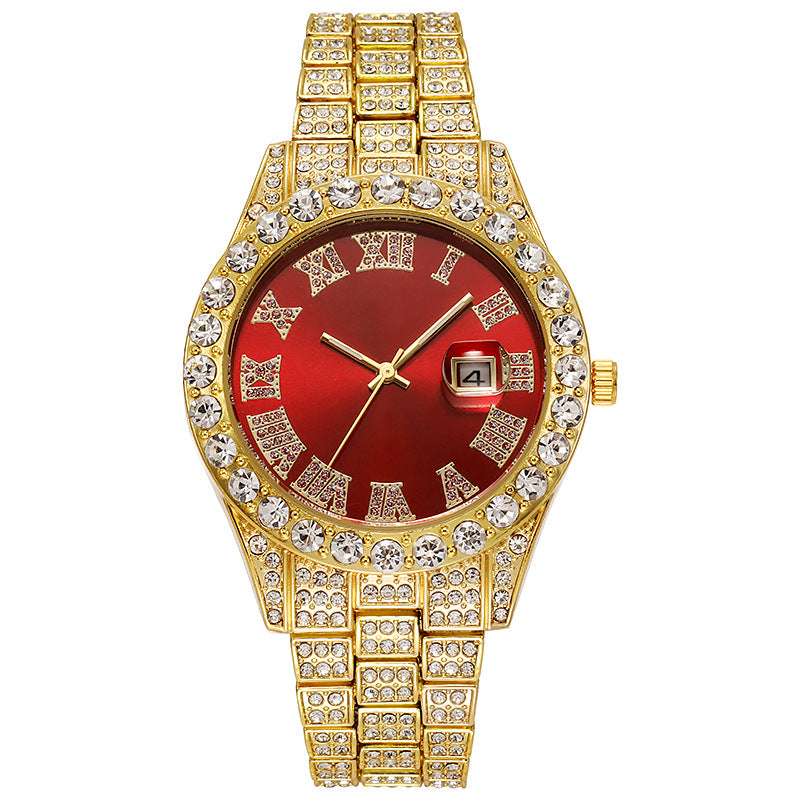 Hiphop watch European and American hot style men's steel belt hip-hop Roman scale diamond calendar men's quartz watch