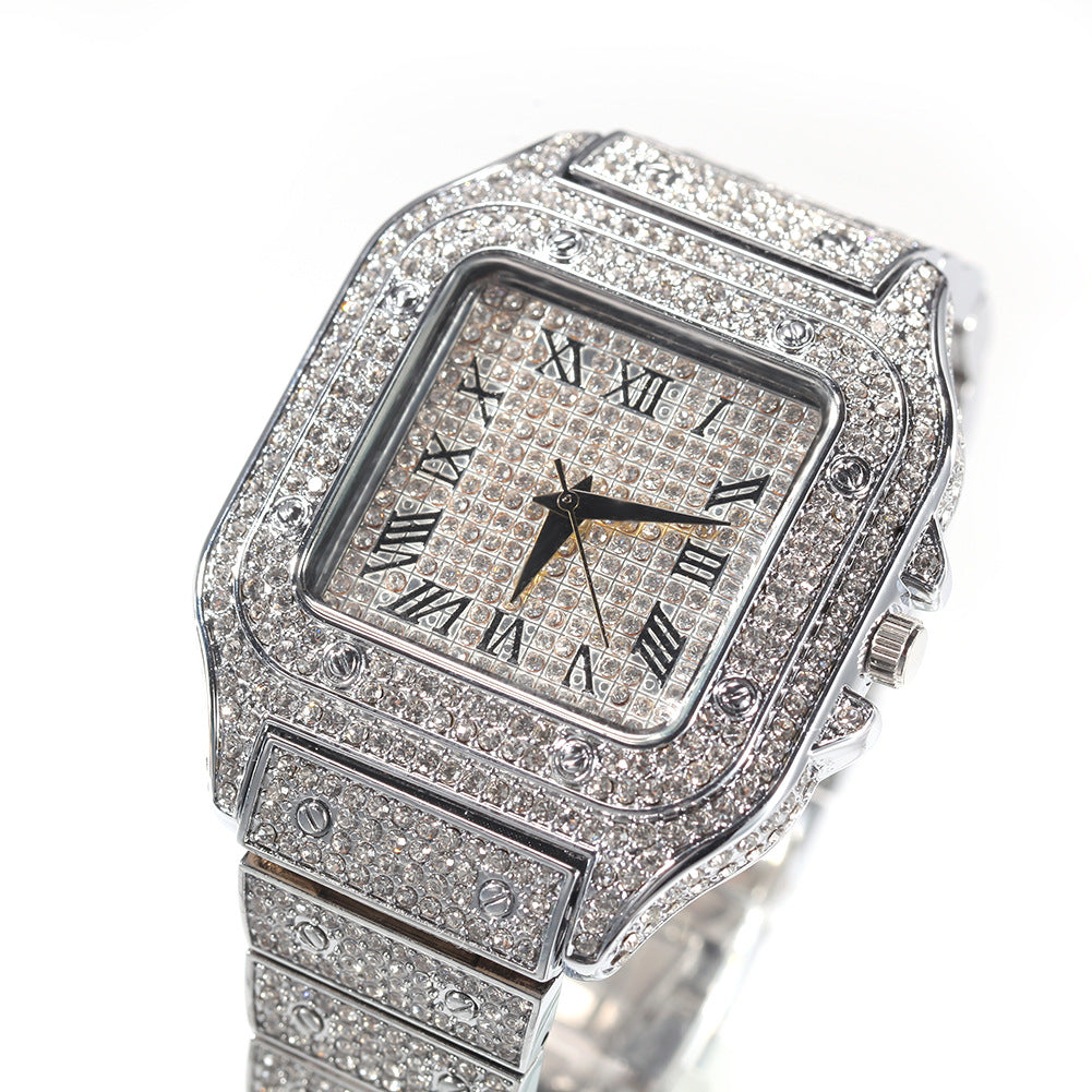 European and American hip-hop Roman scale quartz watch Fashion full diamond square dial men's watch cross-border supply