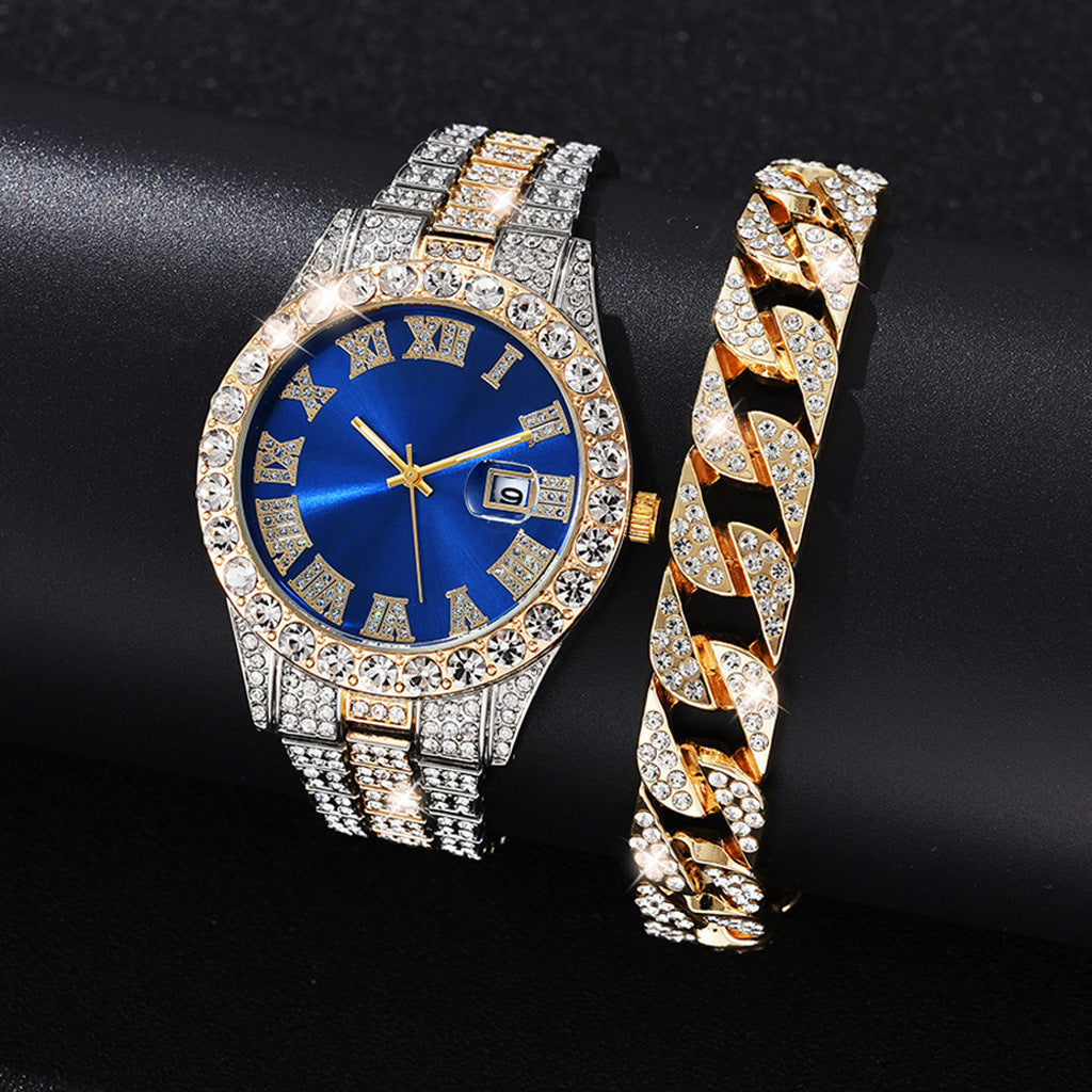 Foreign trade popular business large dial full of diamonds and sparkling steel band with calendar quartz watch (2pcs/set)