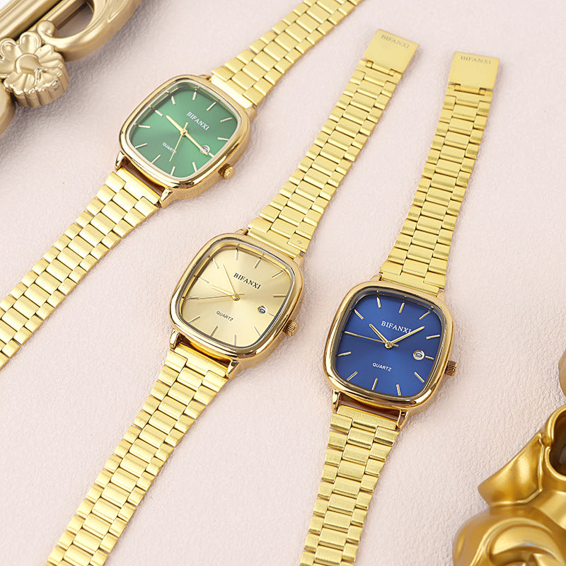 Neutral style steel band watch retro gold small square watch calendar high-end men and women commuter watch gold brick quartz watch