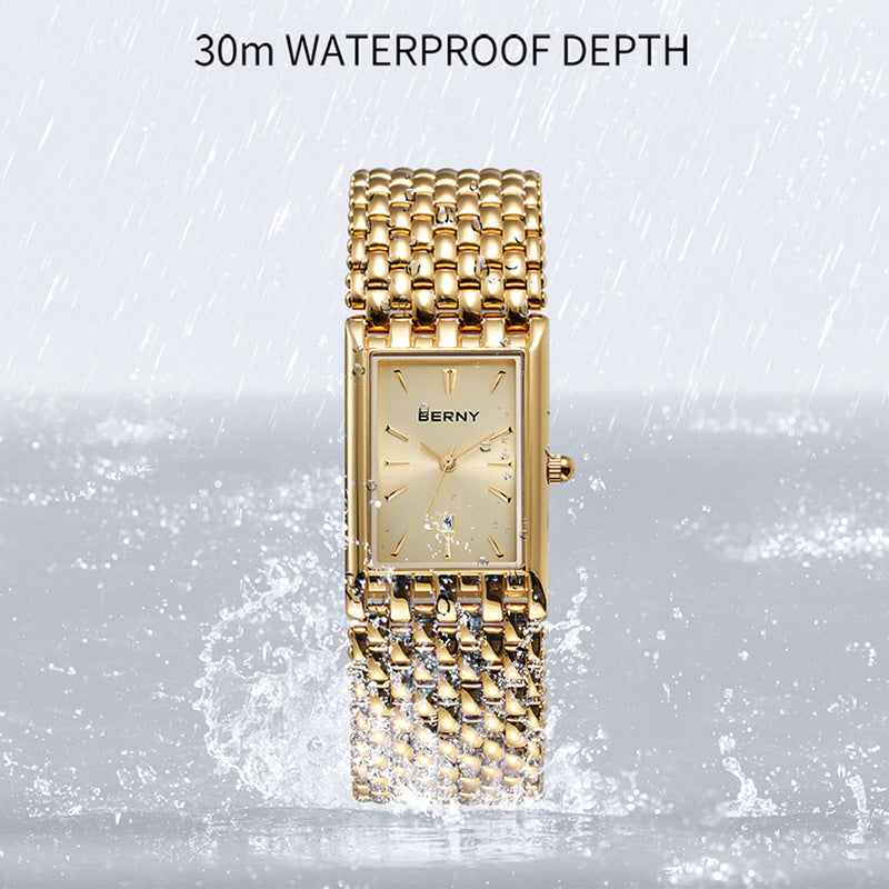 Bernie brand hot selling ultra-thin gold quartz watch rectangular men's watch stainless steel band waterproof women's watch