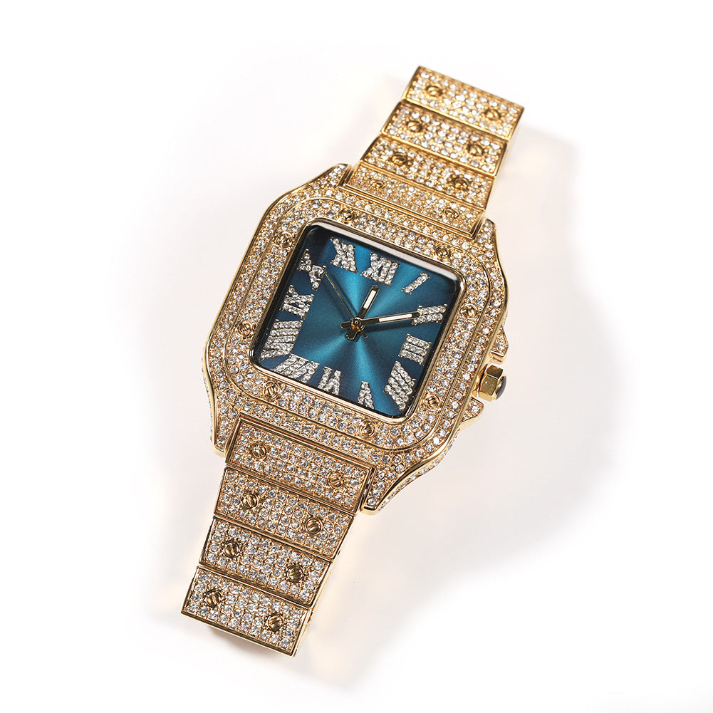 European and American hip-hop Roman scale quartz watch Fashion full diamond square dial men's watch cross-border supply