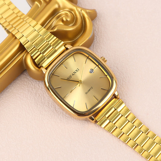 Neutral style steel band watch retro gold small square watch calendar high-end men and women commuter watch gold brick quartz watch