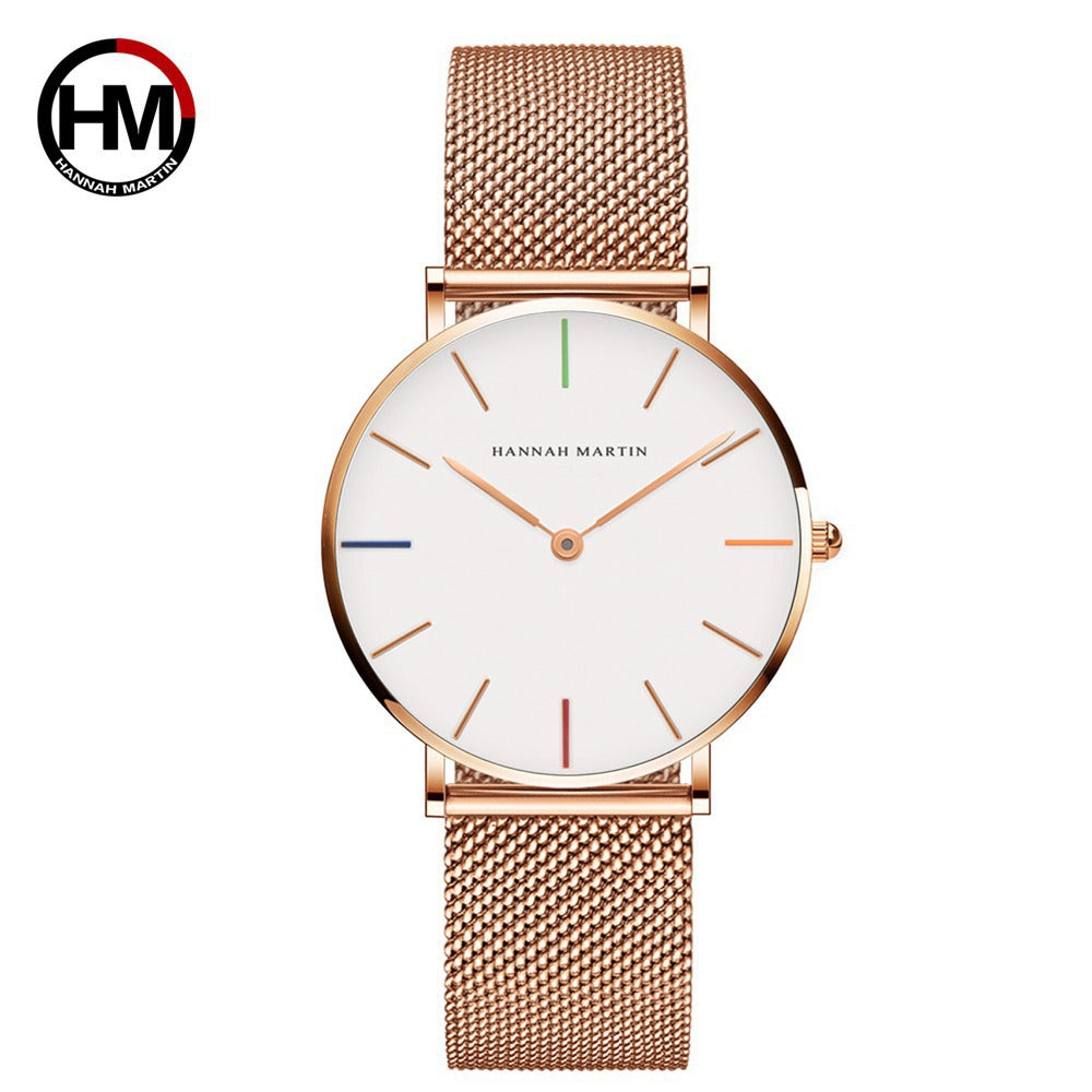Cross-border Japanese movement steel chain waterproof watch light luxury niche European and American minimalist style steel mesh belt slim watch for women