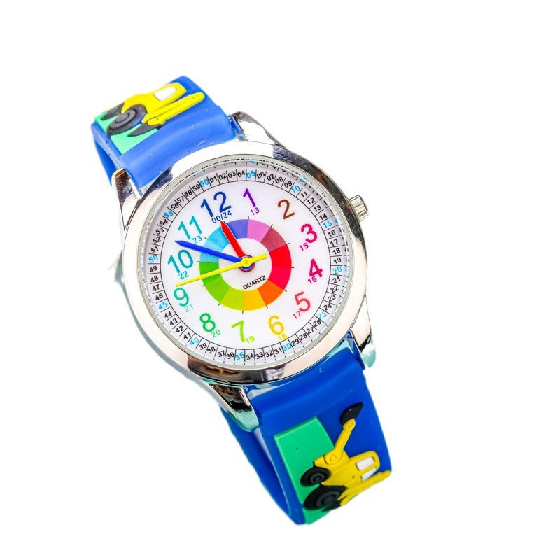 Cute elementary school student excavator watch children's fashion color circle children's waterproof quartz watch 24-hour system girl watch