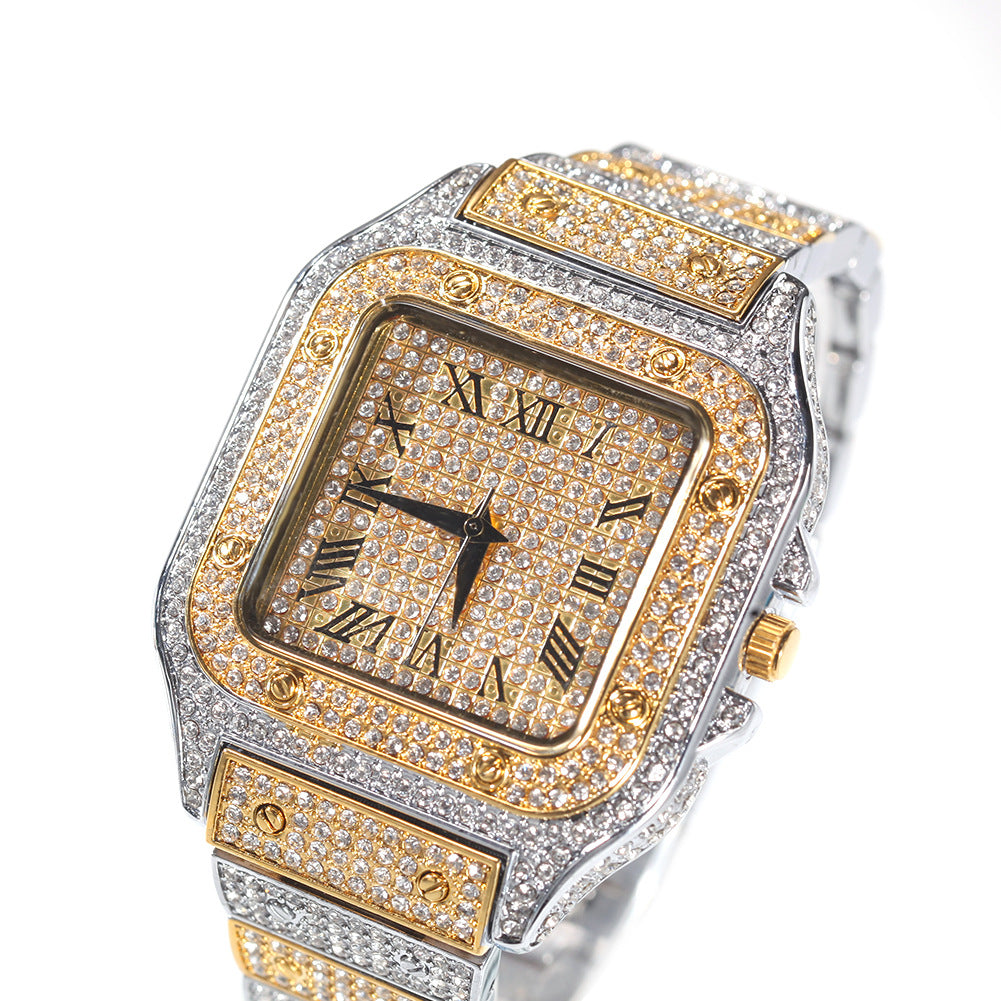 European and American hip-hop Roman scale quartz watch Fashion full diamond square dial men's watch cross-border supply