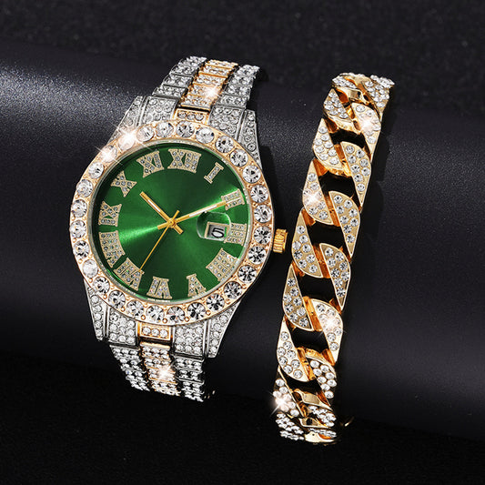 Foreign trade popular business large dial full of diamonds and sparkling steel band with calendar quartz watch (2pcs/set)