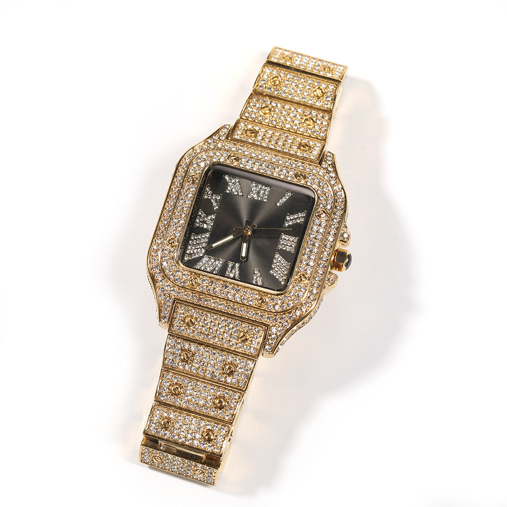 European and American hip-hop Roman scale quartz watch Fashion full diamond square dial men's watch cross-border supply