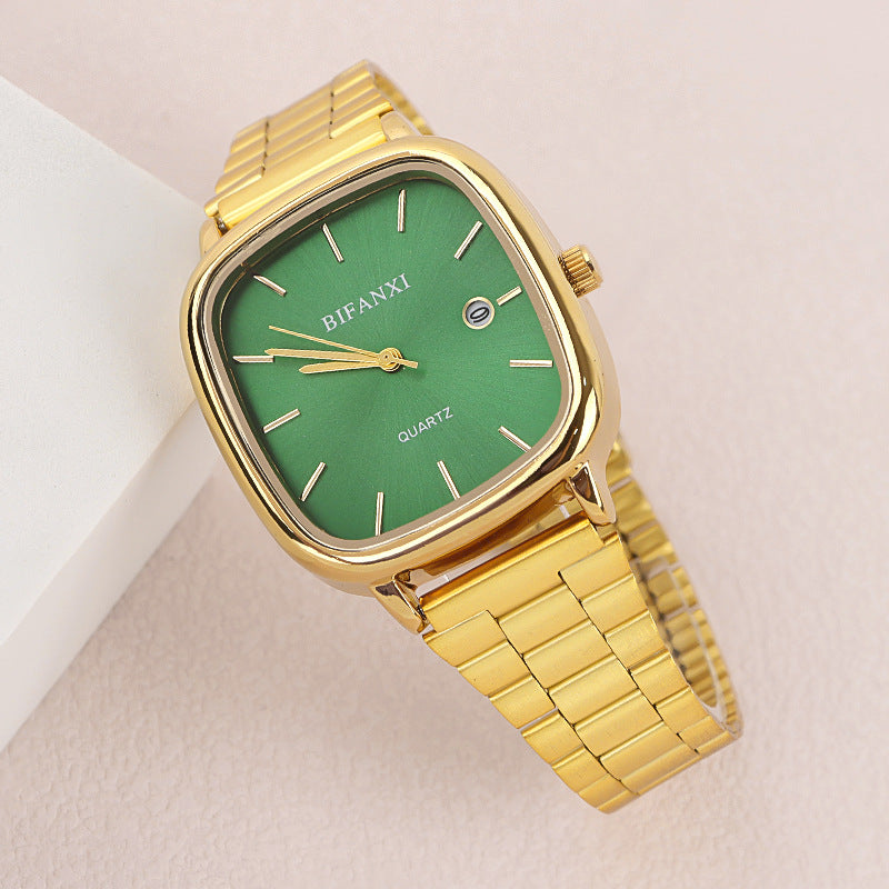 Neutral style steel band watch retro gold small square watch calendar high-end men and women commuter watch gold brick quartz watch