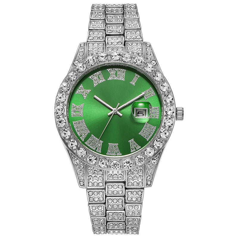 Hiphop watch European and American hot style men's steel belt hip-hop Roman scale diamond calendar men's quartz watch