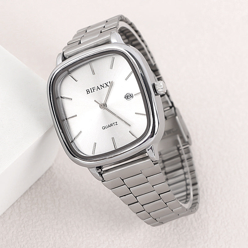 Neutral style steel band watch retro gold small square watch calendar high-end men and women commuter watch gold brick quartz watch