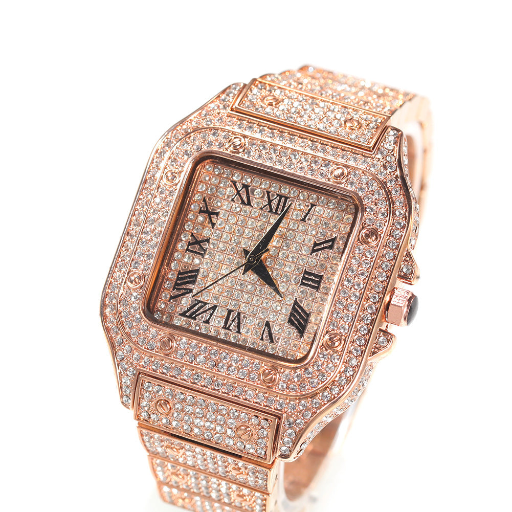 European and American hip-hop Roman scale quartz watch Fashion full diamond square dial men's watch cross-border supply