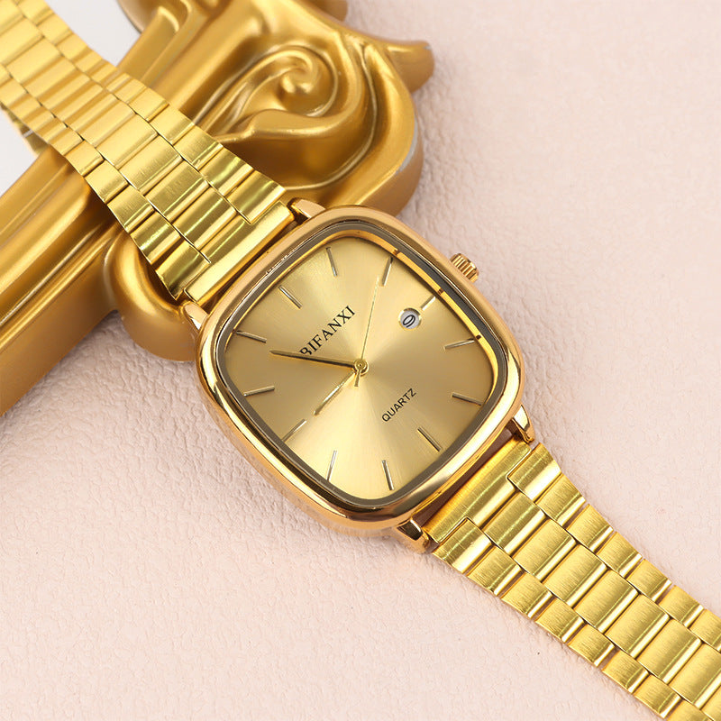 Neutral style steel band watch retro gold small square watch calendar high-end men and women commuter watch gold brick quartz watch