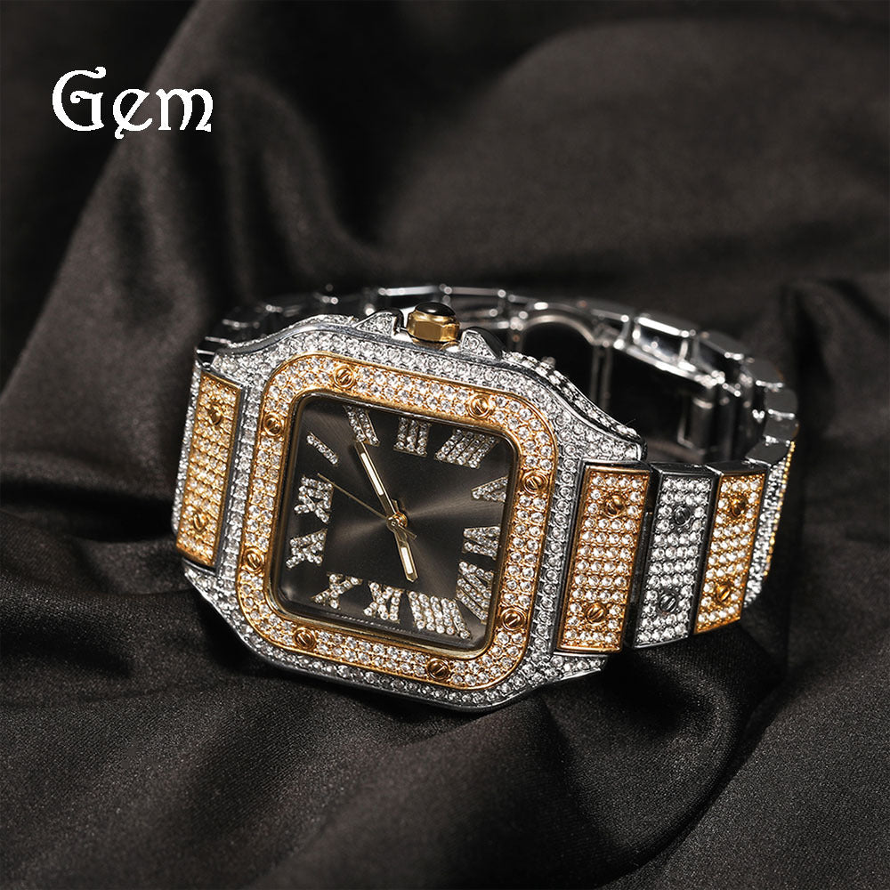 European and American hip-hop Roman scale quartz watch Fashion full diamond square dial men's watch cross-border supply