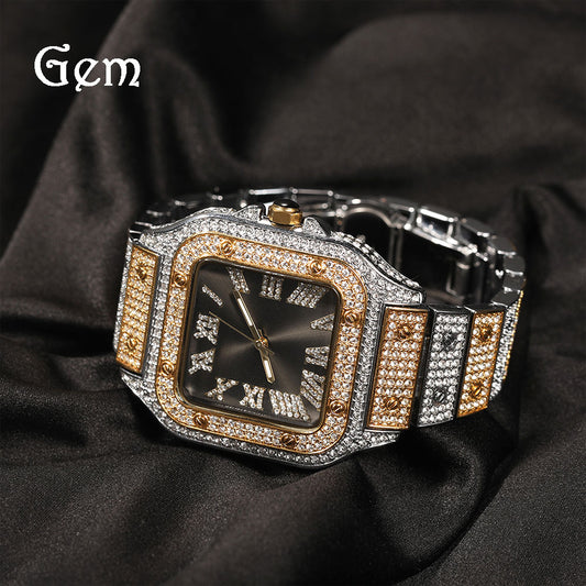 European and American hip-hop Roman scale quartz watch Fashion full diamond square dial men's watch cross-border supply