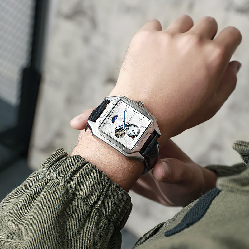 Flywheel Waterproof Hollow Out Trendy Men's Square Automatic Mechanical Watch
