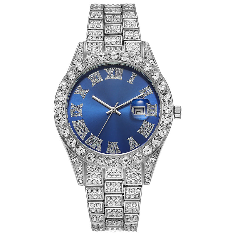 Hiphop watch European and American hot style men's steel belt hip-hop Roman scale diamond calendar men's quartz watch
