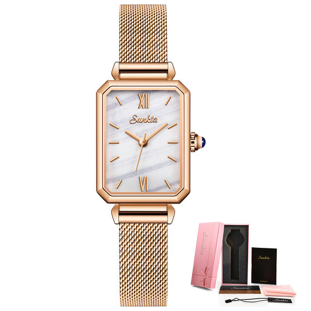 SUNKTA new mesh strap simple elegant square quartz movement calendar ladies watch ST6690