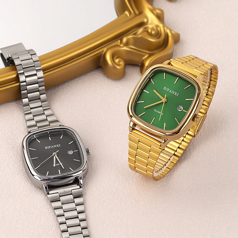 Neutral style steel band watch retro gold small square watch calendar high-end men and women commuter watch gold brick quartz watch