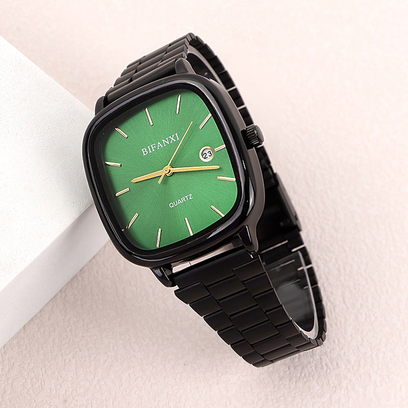 Neutral style steel band watch retro gold small square watch calendar high-end men and women commuter watch gold brick quartz watch