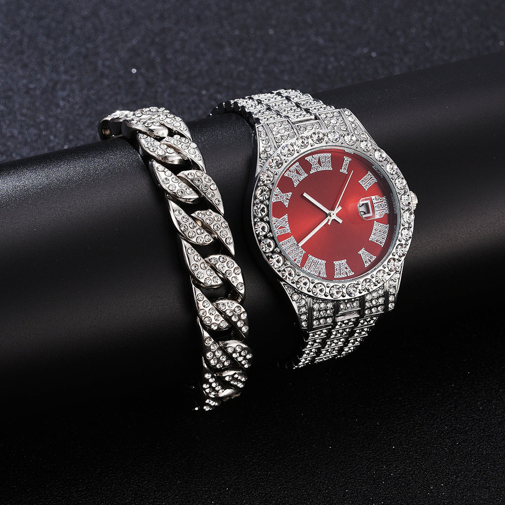 Foreign trade popular business large dial full of diamonds and sparkling steel band with calendar quartz watch (2pcs/set)