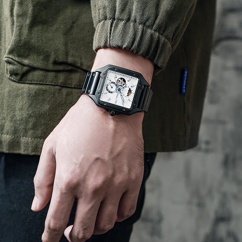 Flywheel Waterproof Hollow Out Trendy Men's Square Automatic Mechanical Watch