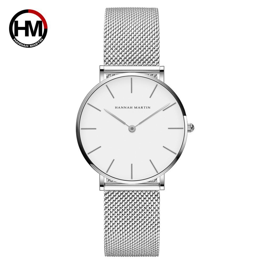 Cross-border Japanese movement steel chain waterproof watch light luxury niche European and American minimalist style steel mesh belt slim watch for women