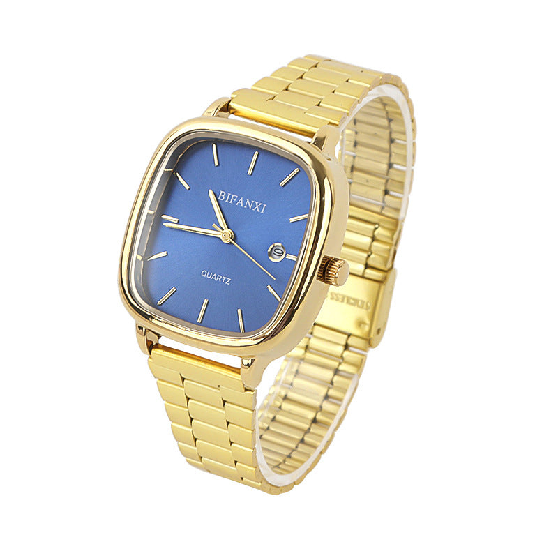 Neutral style steel band watch retro gold small square watch calendar high-end men and women commuter watch gold brick quartz watch