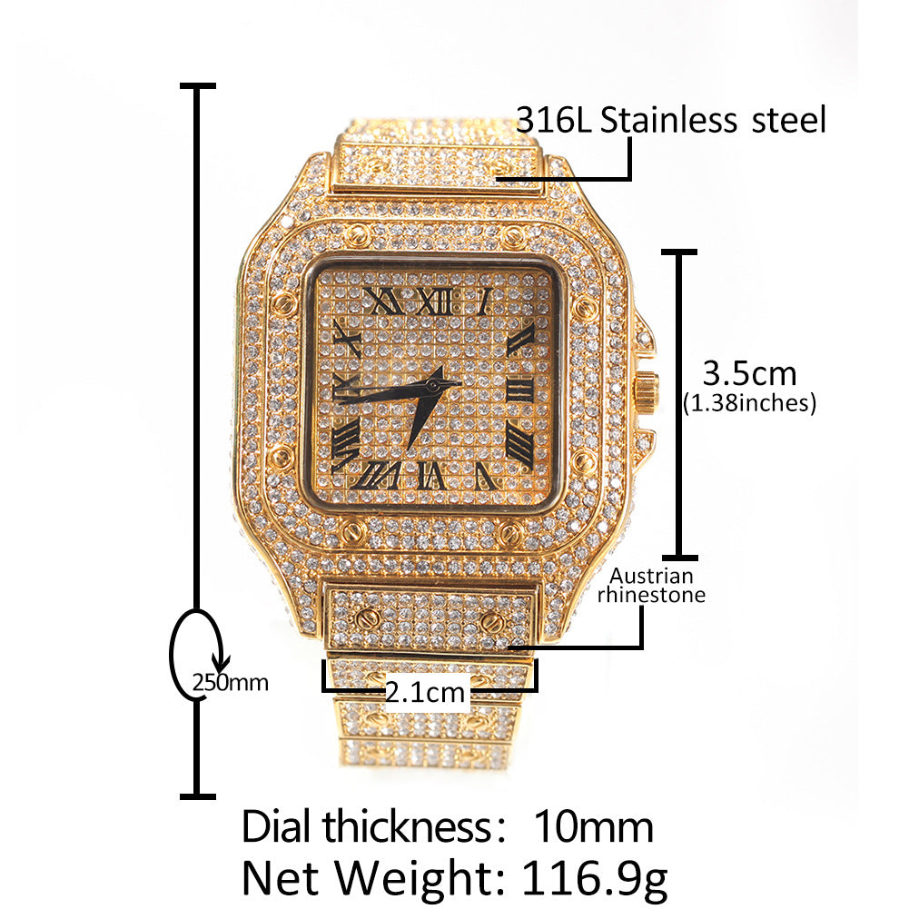 European and American hip-hop Roman scale quartz watch Fashion full diamond square dial men's watch cross-border supply