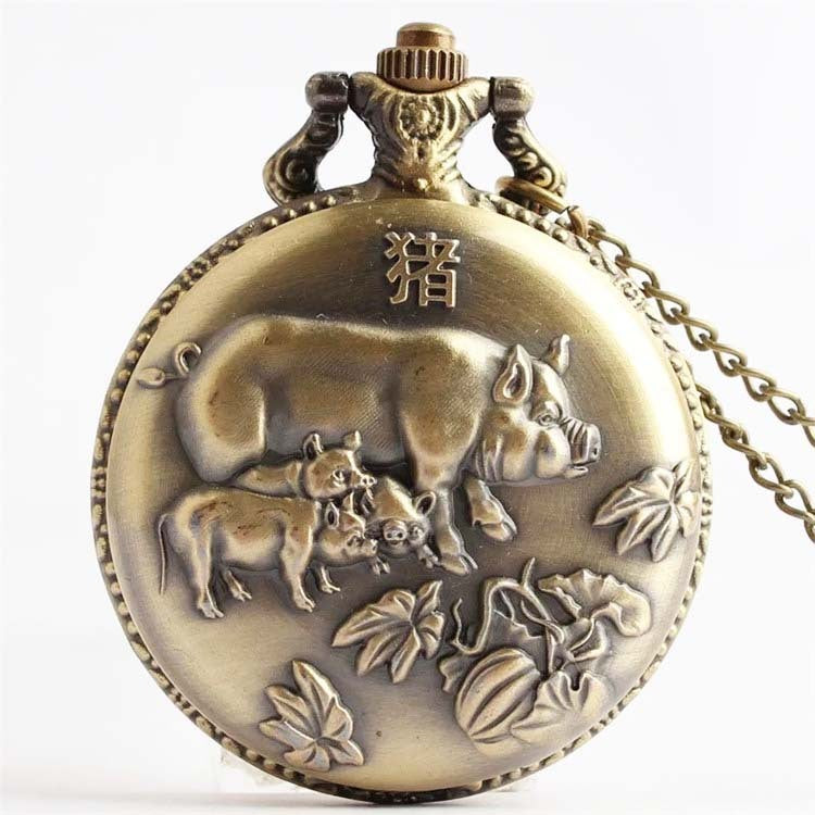 Bronze Retro Vintage Zodiac Quartz Pocket Watch