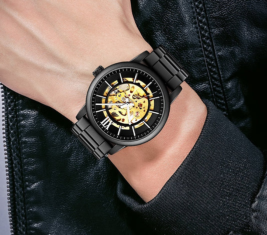 Through The Bottom Scale Men's Automatic Mechanical Watch Spiral Crown Steel Belt Business Mechanical