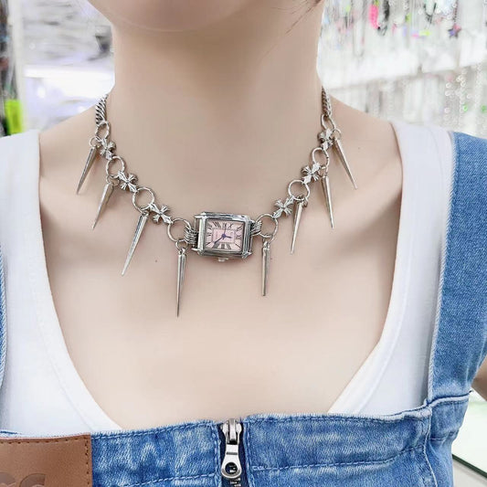 Trendy Cool Hot Girl Rivet Cross Watch Necklace