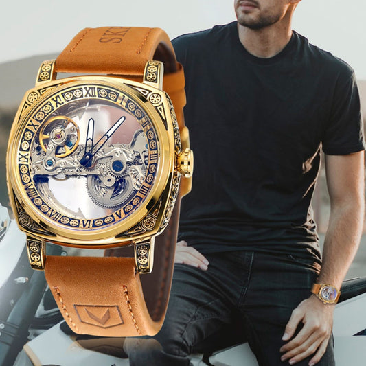 Orologio meccanico automatico con cintura in pelle di mucca vintage