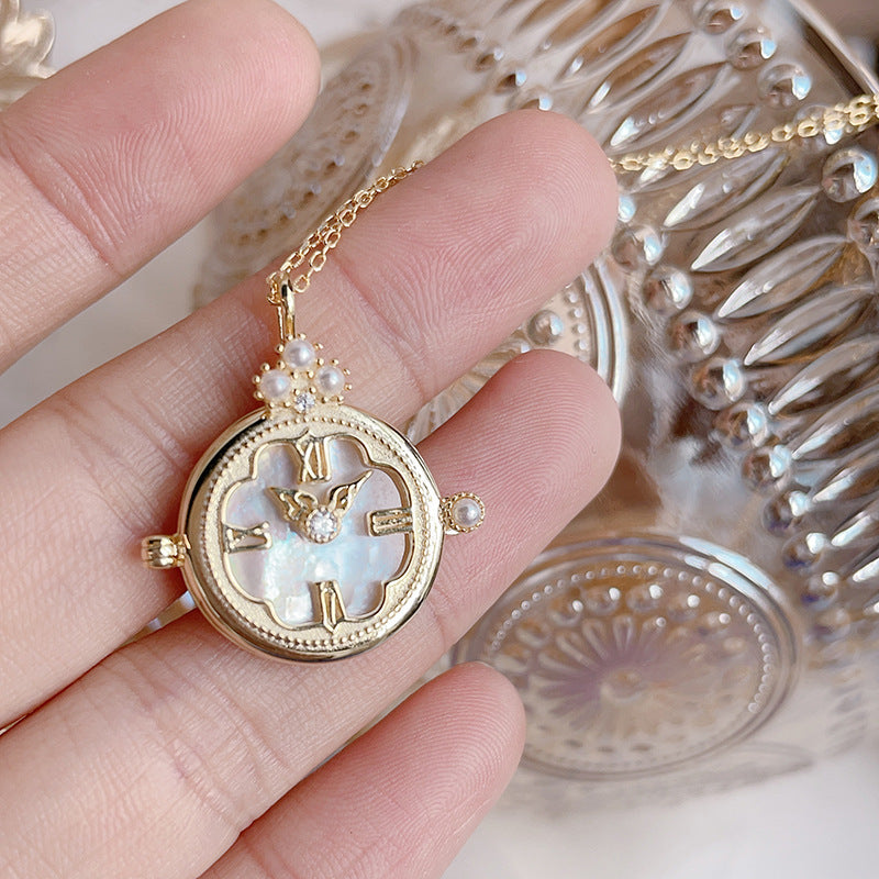 Craft Vintage Pocket Watch Necklace  Inlaid White Butterfly Shell Elegant Vintage