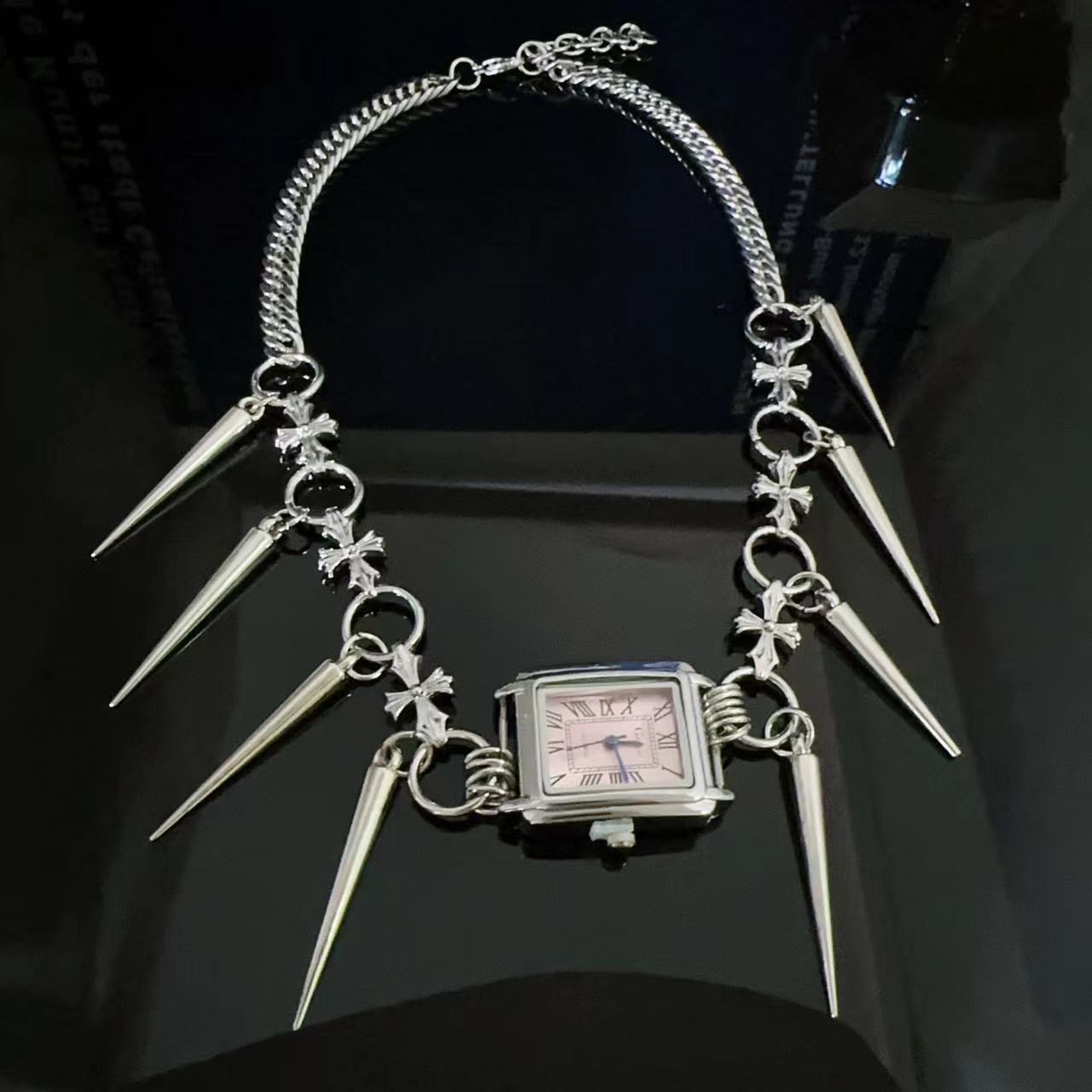 Trendy Cool Hot Girl Rivet Cross Watch Necklace