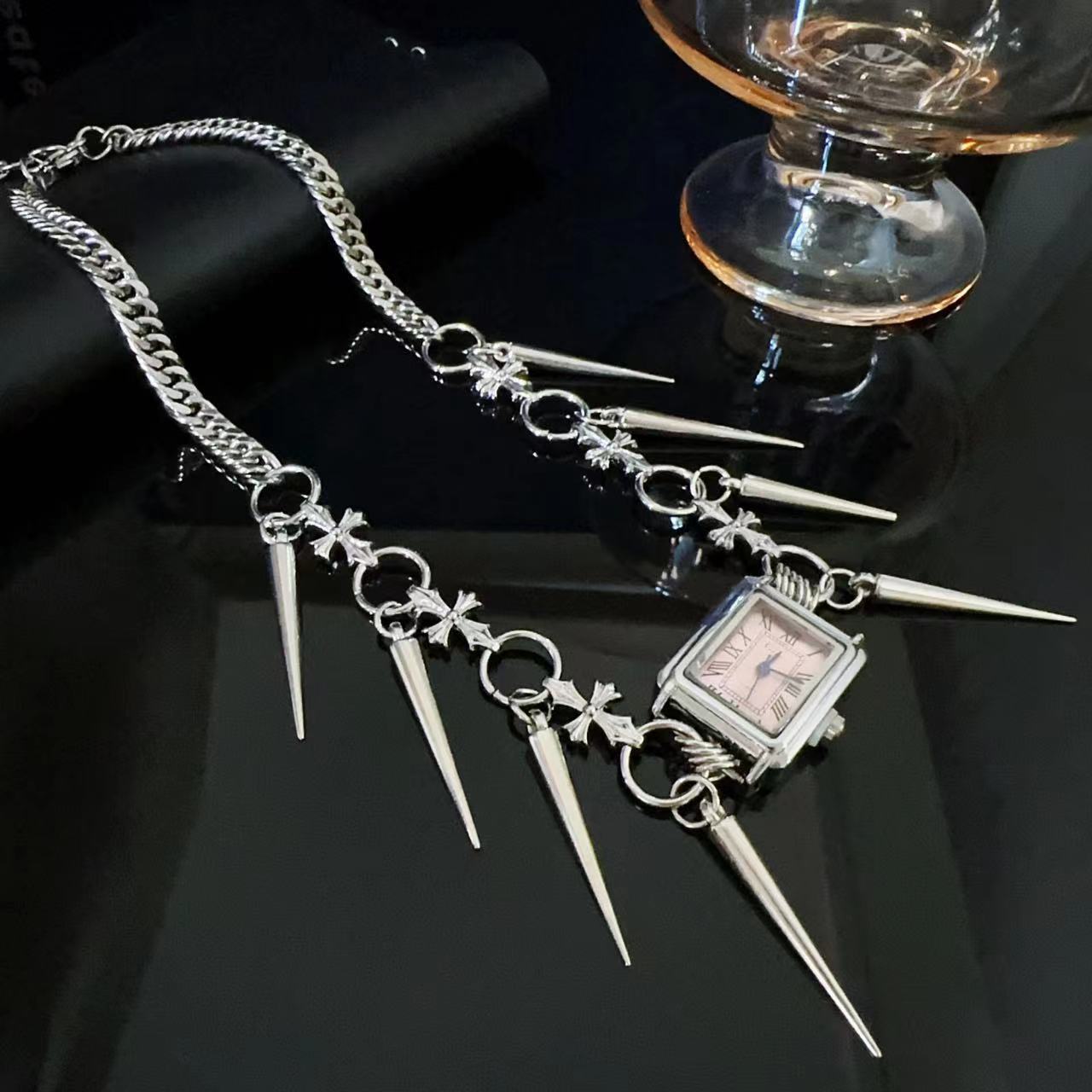 Trendy Cool Hot Girl Rivet Cross Watch Necklace