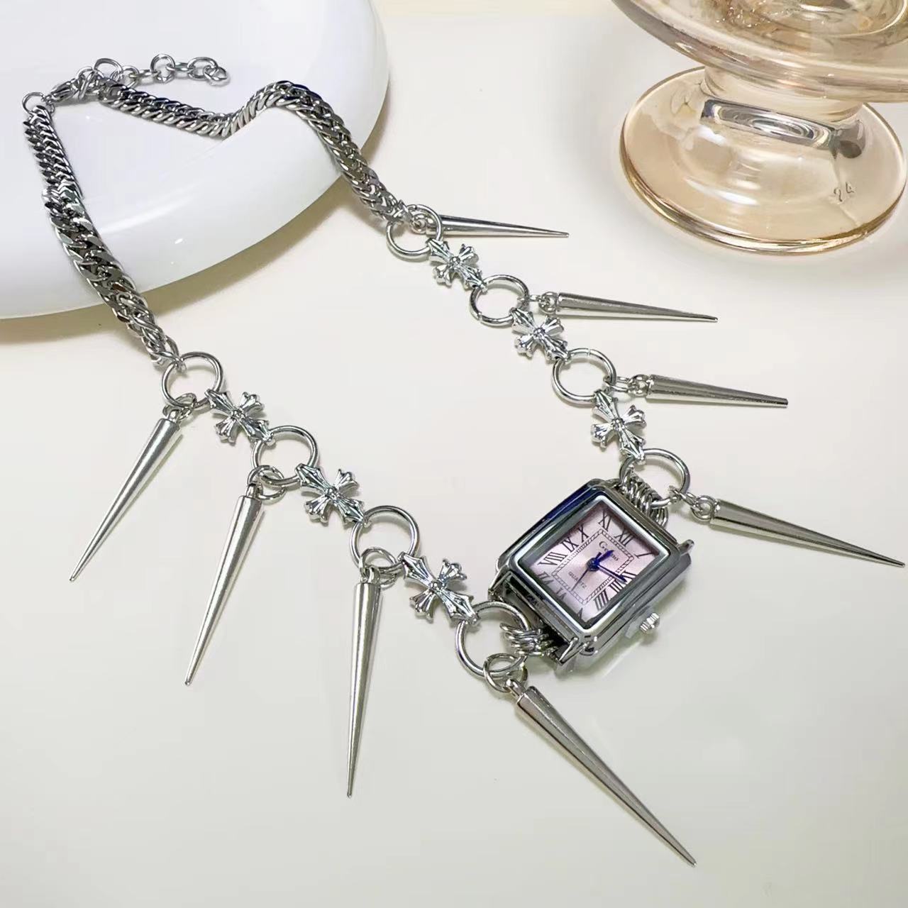 Trendy Cool Hot Girl Rivet Cross Watch Necklace